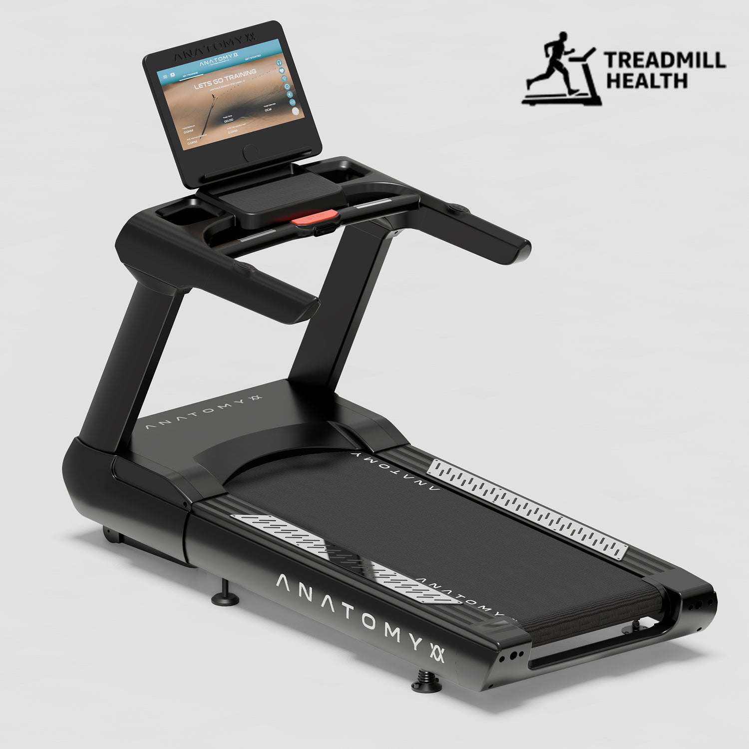 Black treadmill with a digital display on a light gray background, featuring the brand 'Treadmill Health'.