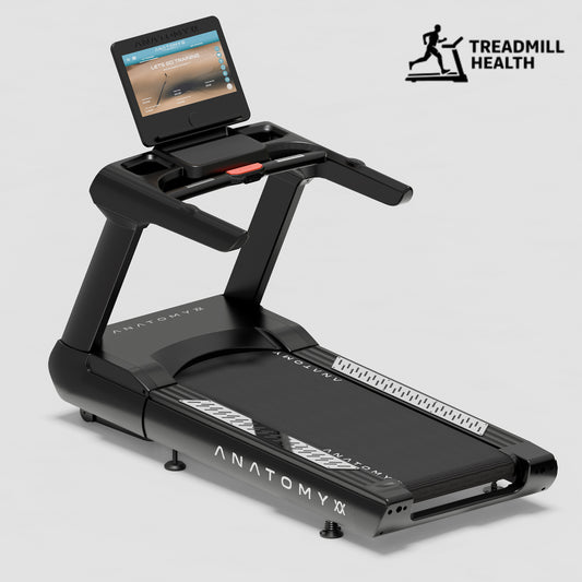 Black treadmill with a digital display on a light gray background, featuring the brand 'Treadmill Health'.
