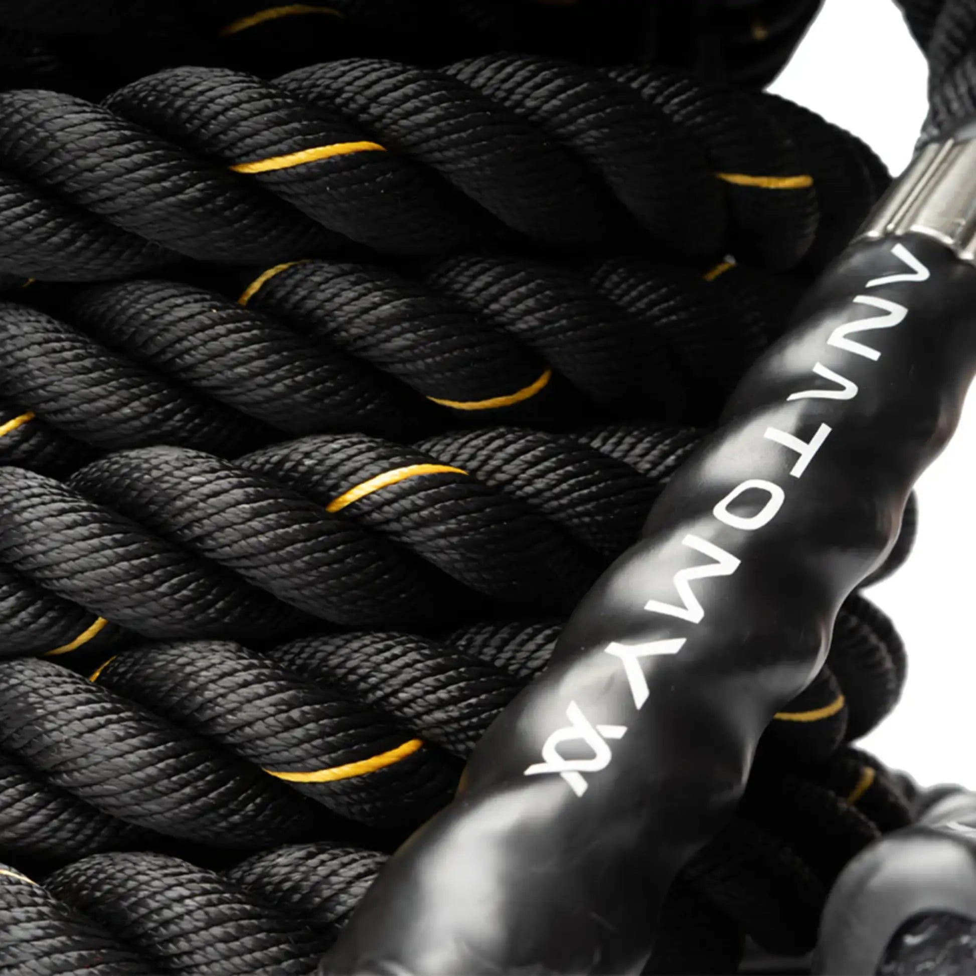 Close-up of a black and yellow rope with 'ANTOMY' branding.